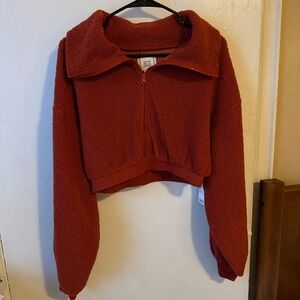 NWT BDG Urban Outfitters Rust Brown Sherpa Fleece Cropped Quarter Zip Pullover L